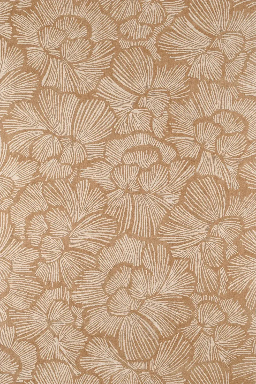 Beige and brown floral patterned fabric or wallpaper with a repeating stylized flower design.