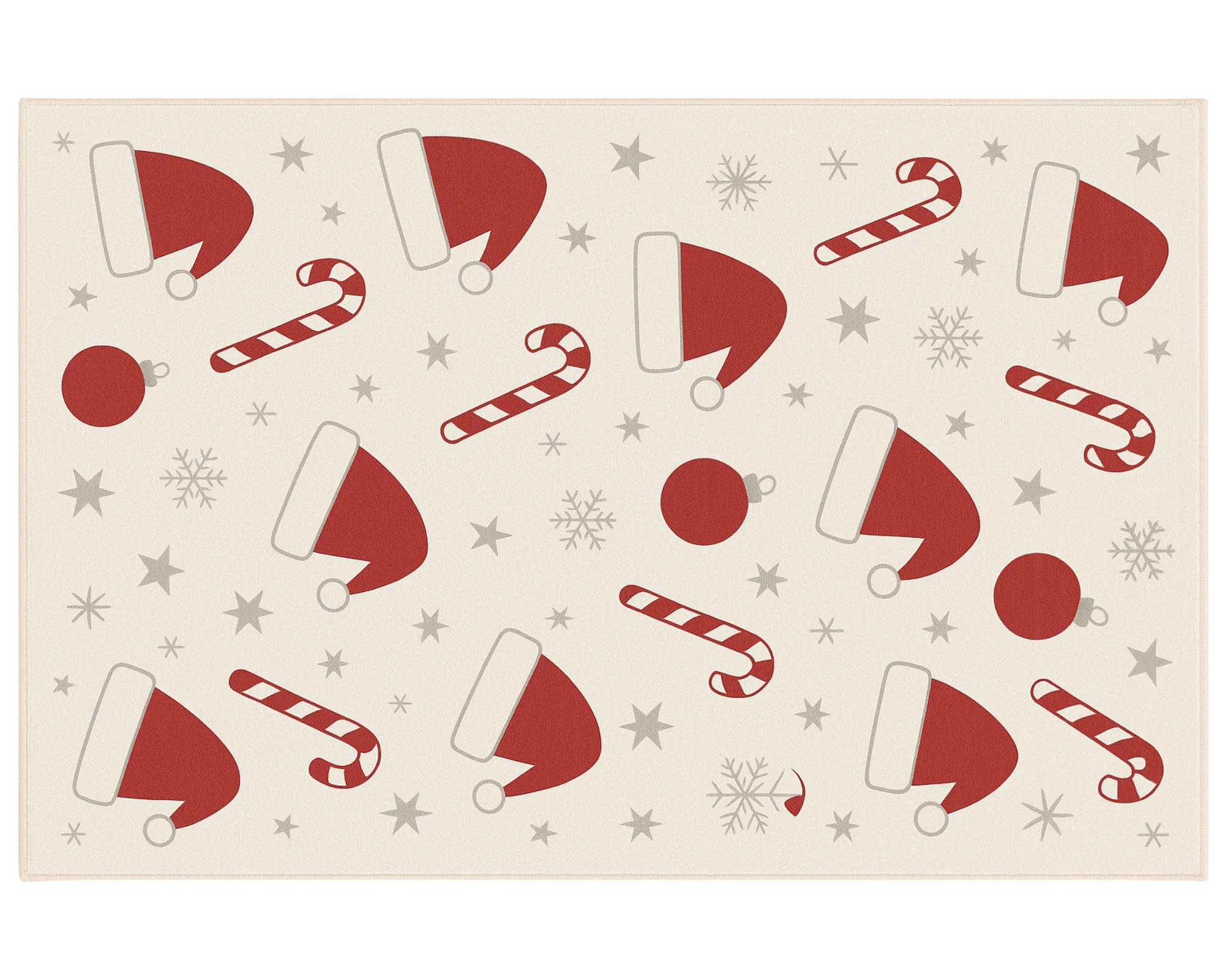 Machine washable holiday rug featuring red Santa hat and candy cane design
