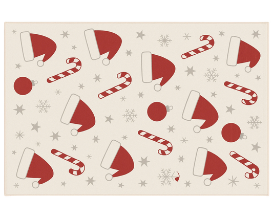 Machine washable holiday rug featuring red Santa hat and candy cane design
