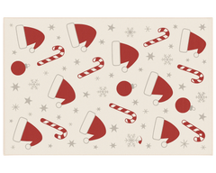Machine washable holiday rug featuring red Santa hat and candy cane design