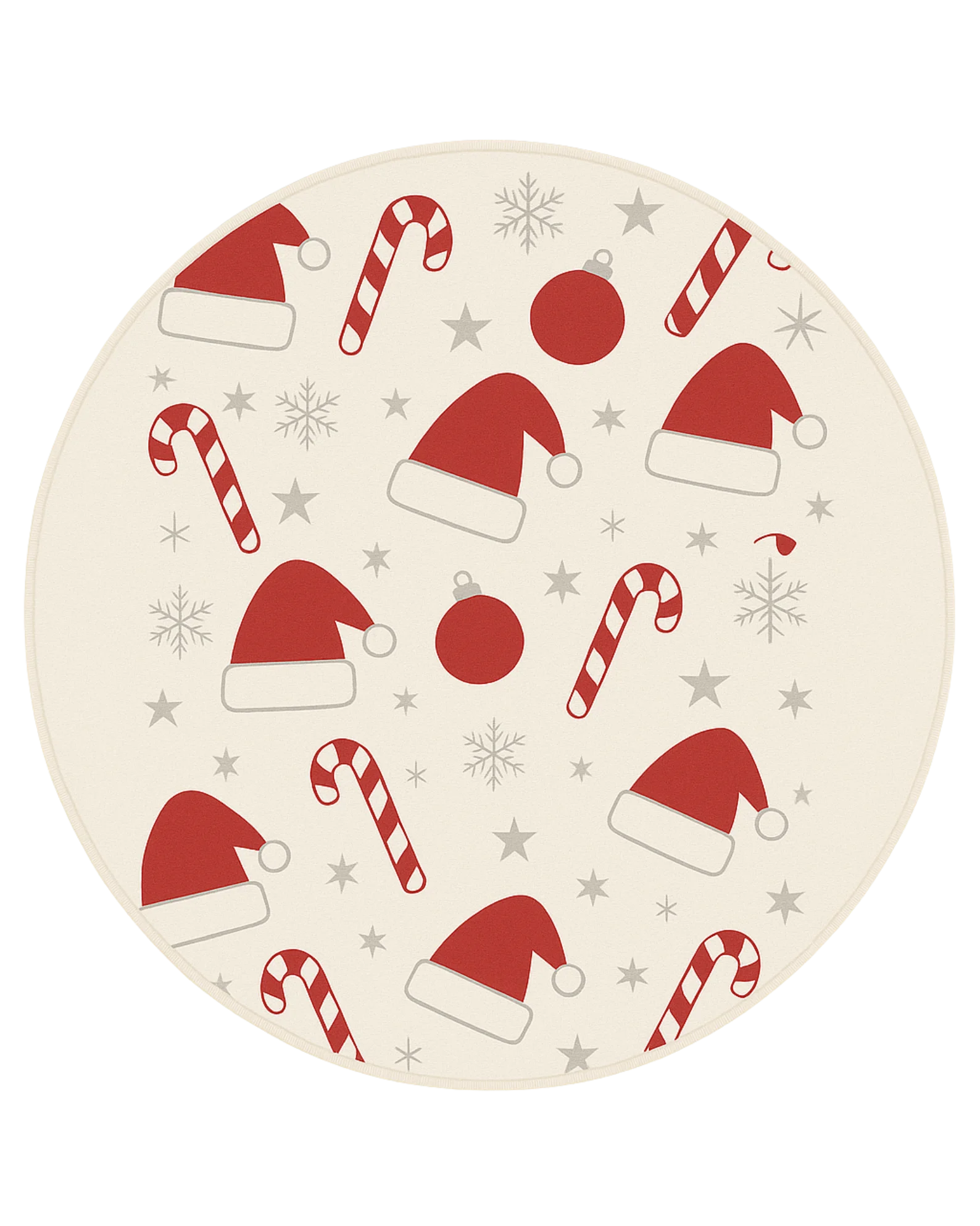 Washable round holiday rug with cream background and Santa-inspired décor