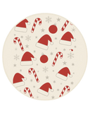 Washable round holiday rug with cream background and Santa-inspired décor