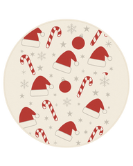 Washable round holiday rug with cream background and Santa-inspired décor