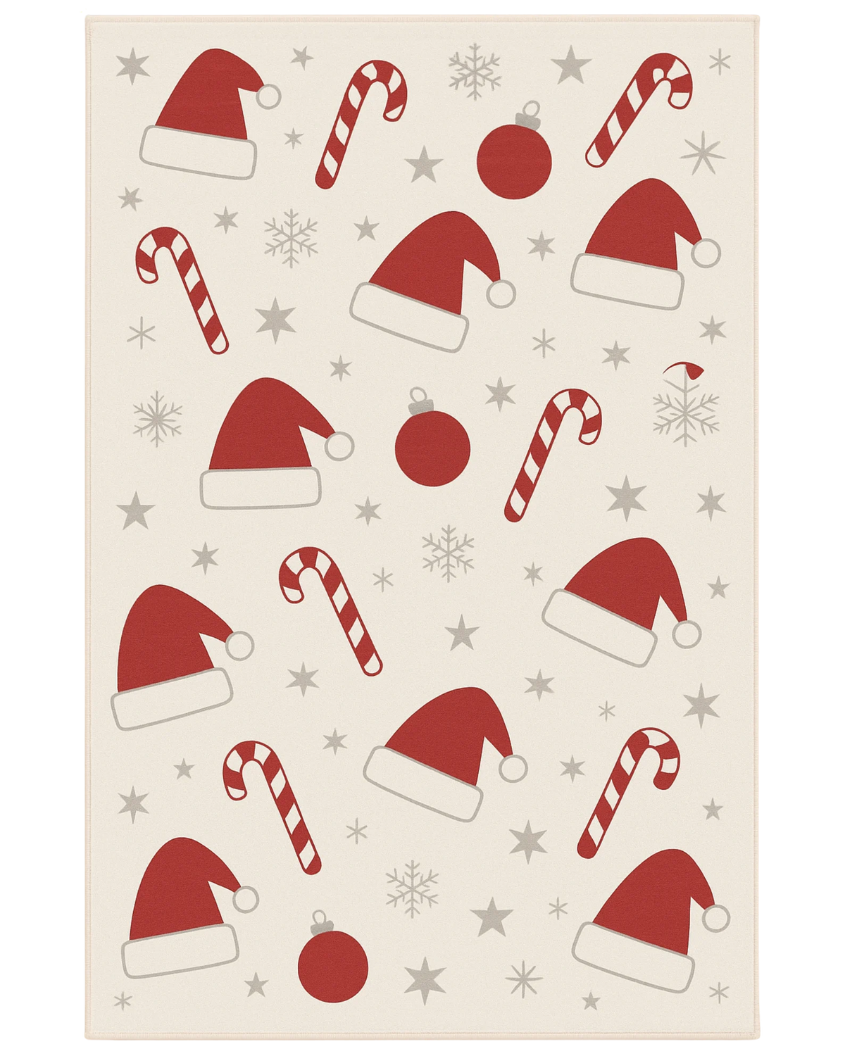 Christmas rug with Santa hats, candy canes, and snowflake pattern