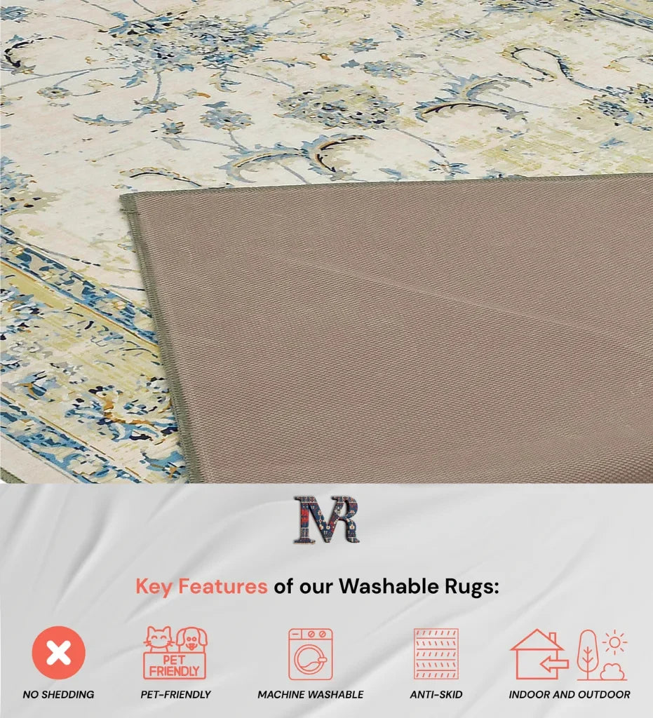 Vintage-inspired rug with washable convenience.