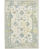 Shabby chic luxury rug with intricate floral motifs in soft blue and beige tones, elegant handwoven design