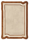A rectangular area rug with a scalloped border, featuring a warm cream center, a white inner border, and a wide brown outer border.