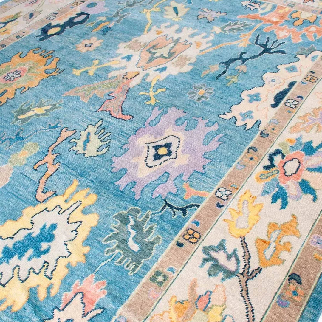 Luxury Oushak design rug in soft blue and ivory tones