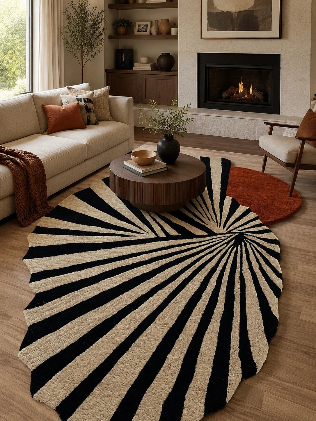 Living room with a black and white striped rug, sofa, coffee table, and fireplace.
