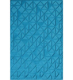 Solid blue rug with modern geometric triangle pattern and textured design