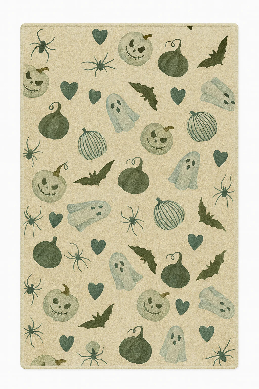 Halloween rug with ghosts, bats, spiders, and pumpkins machine washable.