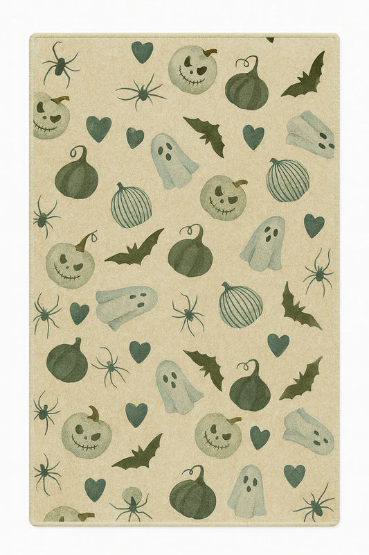 Halloween rug with ghosts, bats, spiders, and pumpkins machine washable.