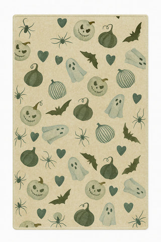 Halloween rug with ghosts, bats, spiders, and pumpkins machine washable.