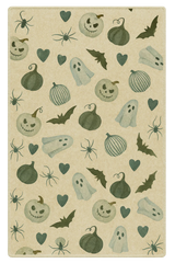 Halloween rug with ghosts, bats, spiders, and pumpkins machine washable.