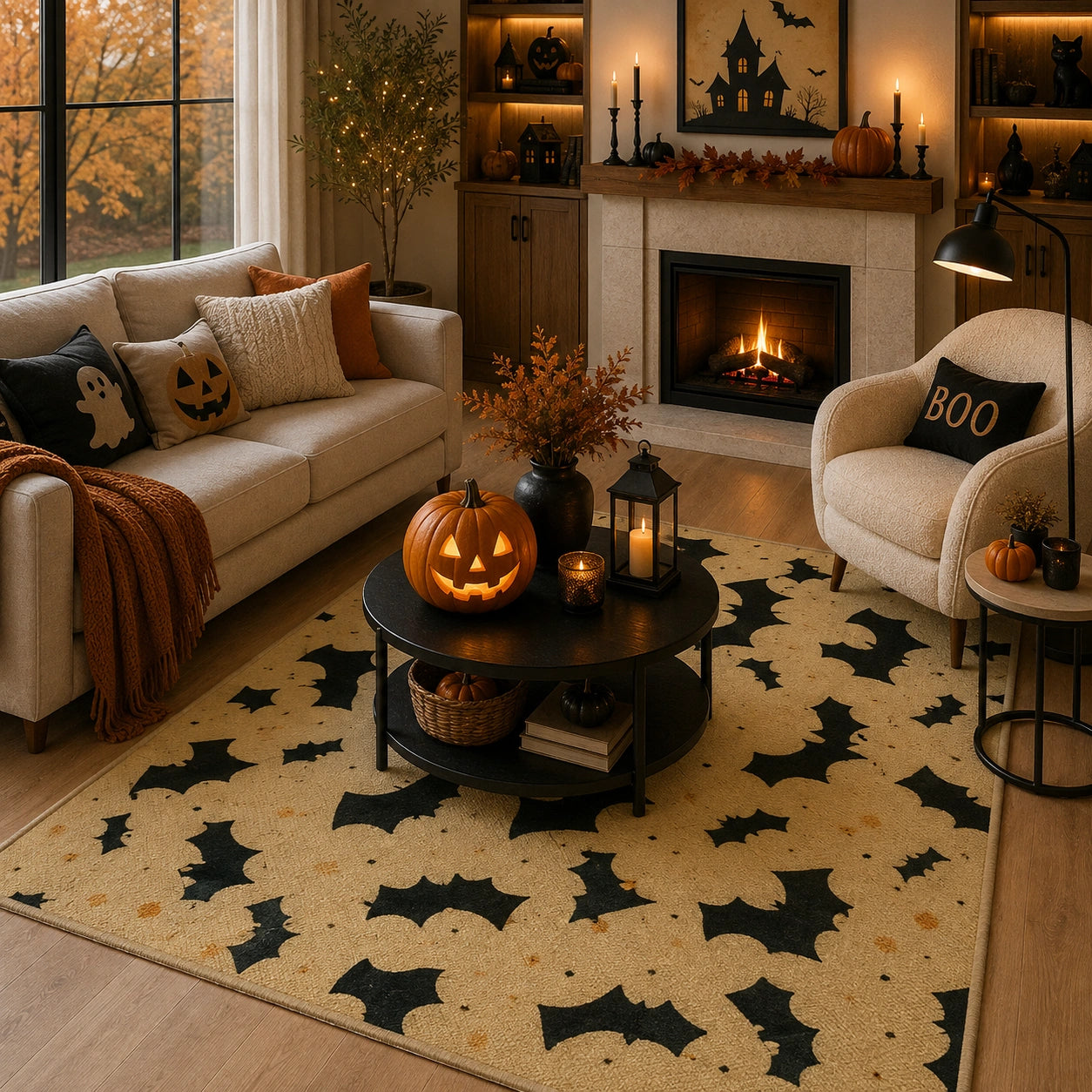 Spooky night flying bats rug