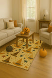 Cozy living room with Halloween rug featuring witch hats and stars, pumpkins on coffee table and floor