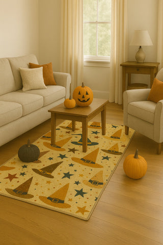 Machine washable rug featuring witch hats and spooky star pattern.