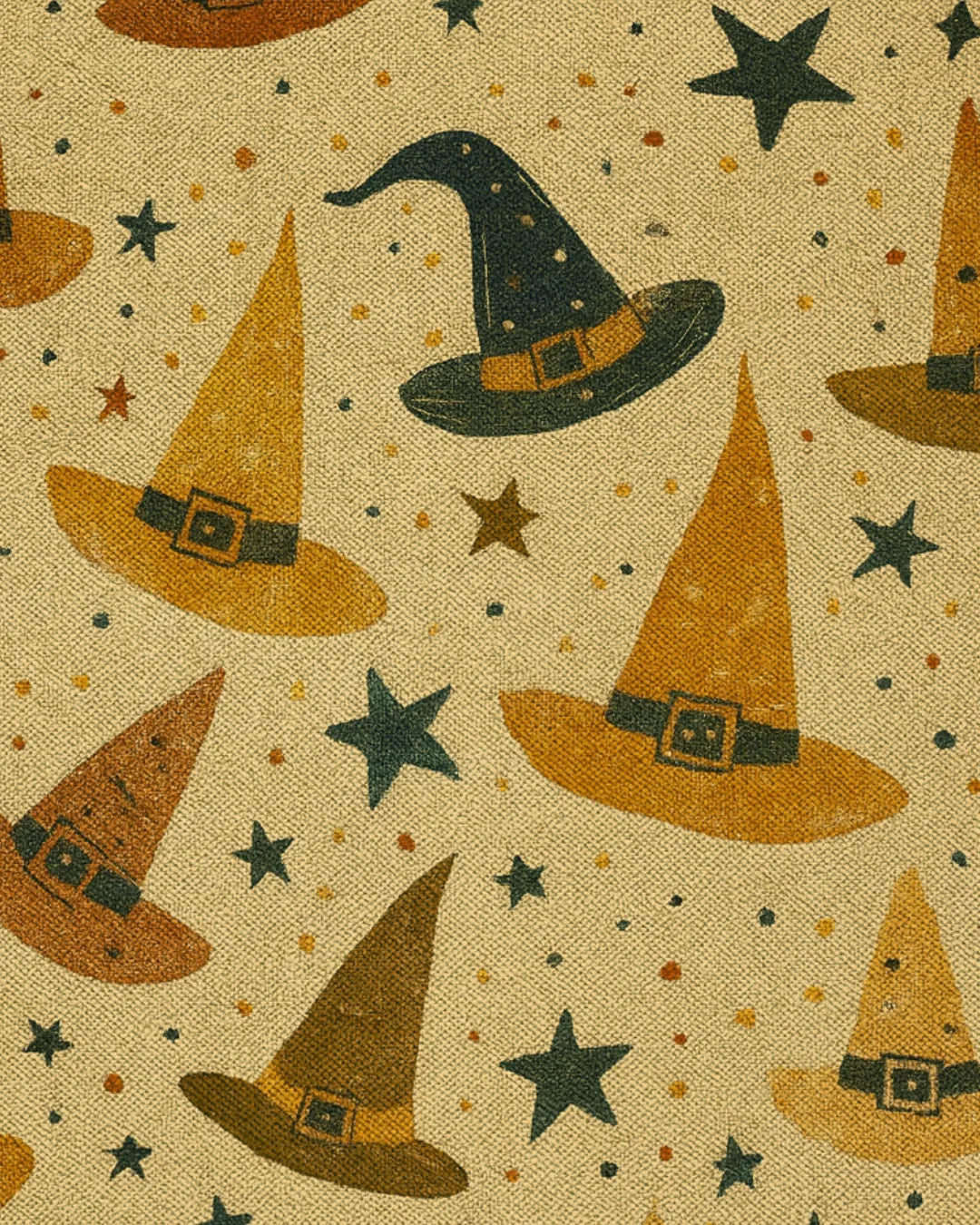 Playful Halloween rug with orange and gold witch hat design.