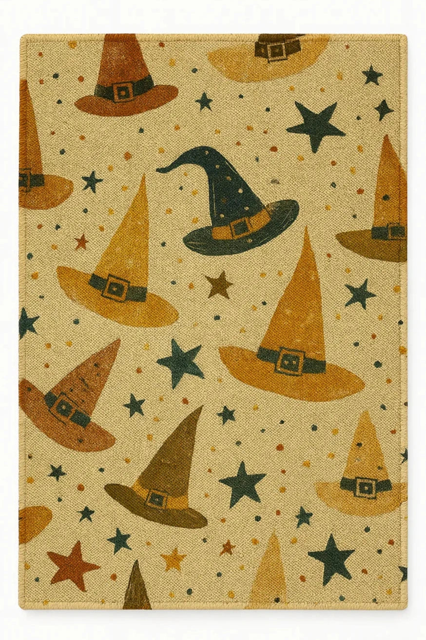 Halloween rug with witch hats and stars in festive fall colors.