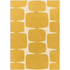 Yellow abstract hand-tufted rug with geometric sunbeam pattern on a white background