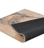 Taupe abstract river drift rug with blue-gray swirls and non-slip black backing