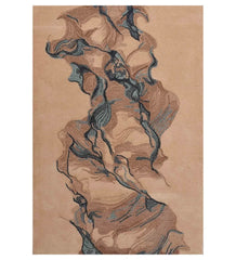 Hand-tufted wool rug with abstract marbled river design in beige, brown, and teal tones.