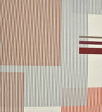 Modern taupe geometric rug with vertical stripes and rectangular patterns in warm tones