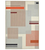 Taupe modern geometric handwoven rug with striped rectangular patterns in neutral and burnt orange tones