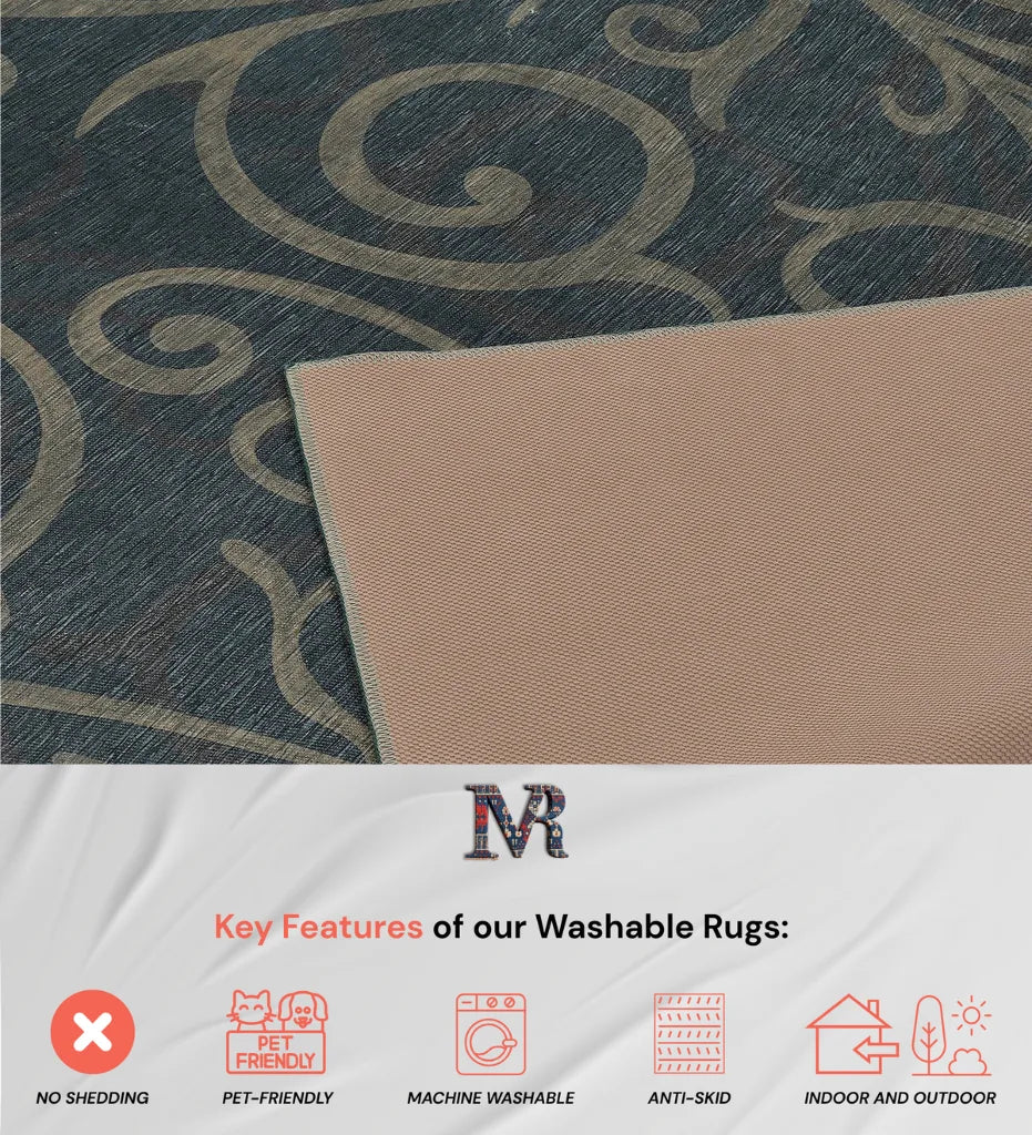 Stylish taupe and charcoal patterned rug with easy-care features.
