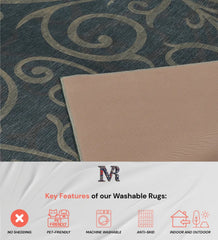 Stylish taupe and charcoal patterned rug with easy-care features.