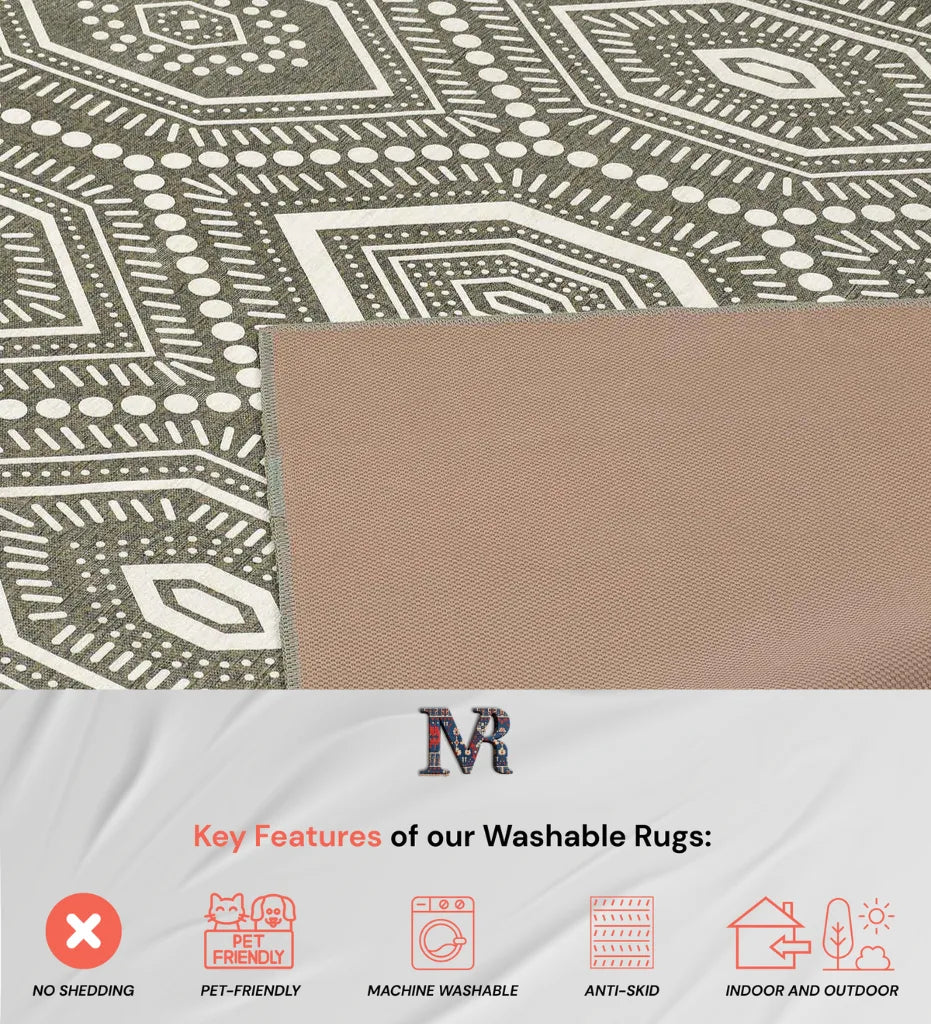 Stylish taupe and ivory bohemian rug with easy-care design.