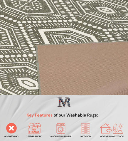 Stylish taupe and ivory bohemian rug with easy-care design.