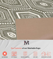Stylish taupe and ivory bohemian rug with easy-care design.