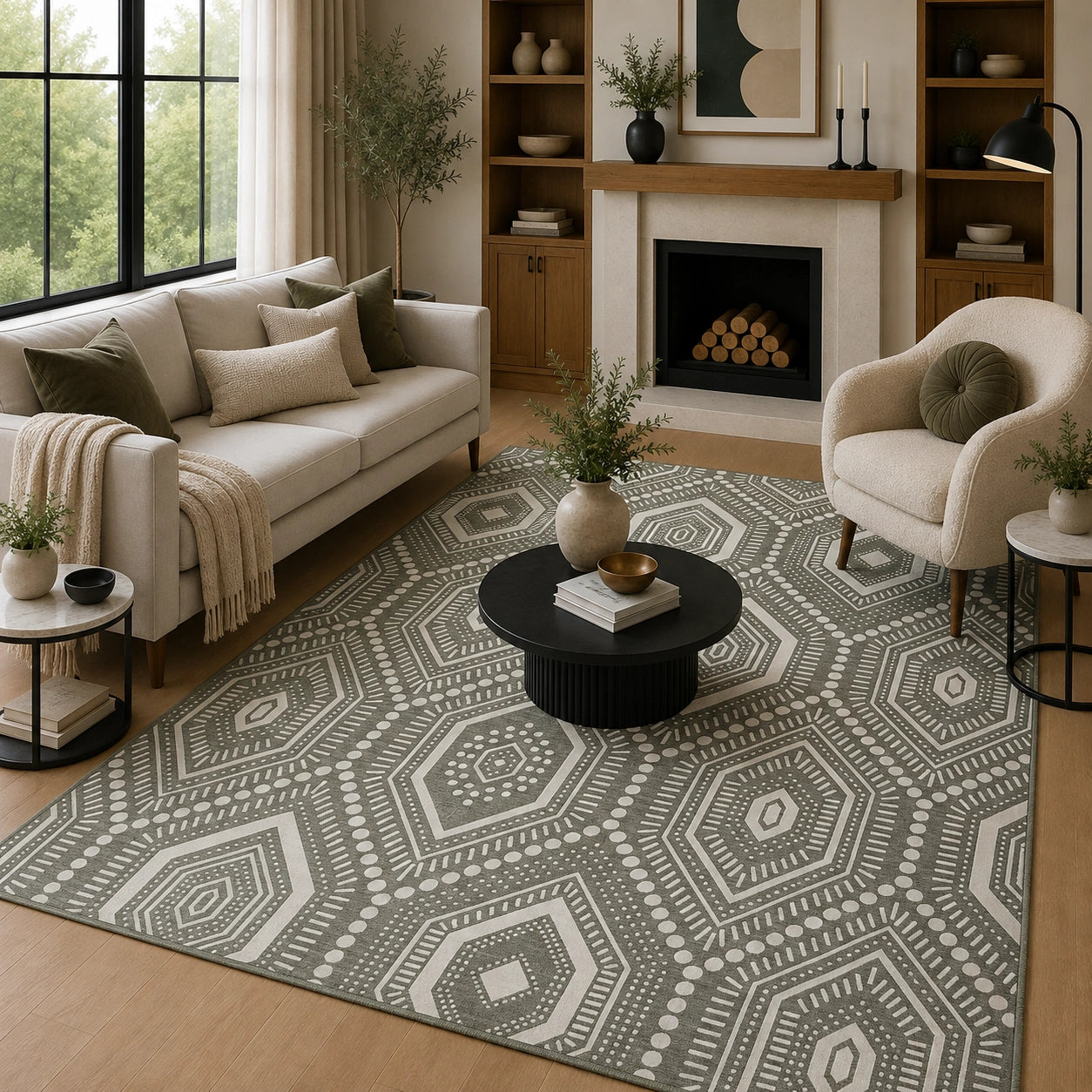 Taupe & ivory hexagon rug