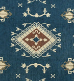 Teal blue rustic handwoven rug with intricate beige and rust geometric patterns