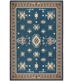 Teal blue handwoven luxury rug with rustic geometric and floral patterns and brown decorative border