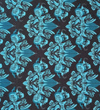 Teal damask style luxury rug pattern with intricate handwoven floral motifs on dark background