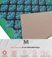 Machine washable rug with teal damask motif.