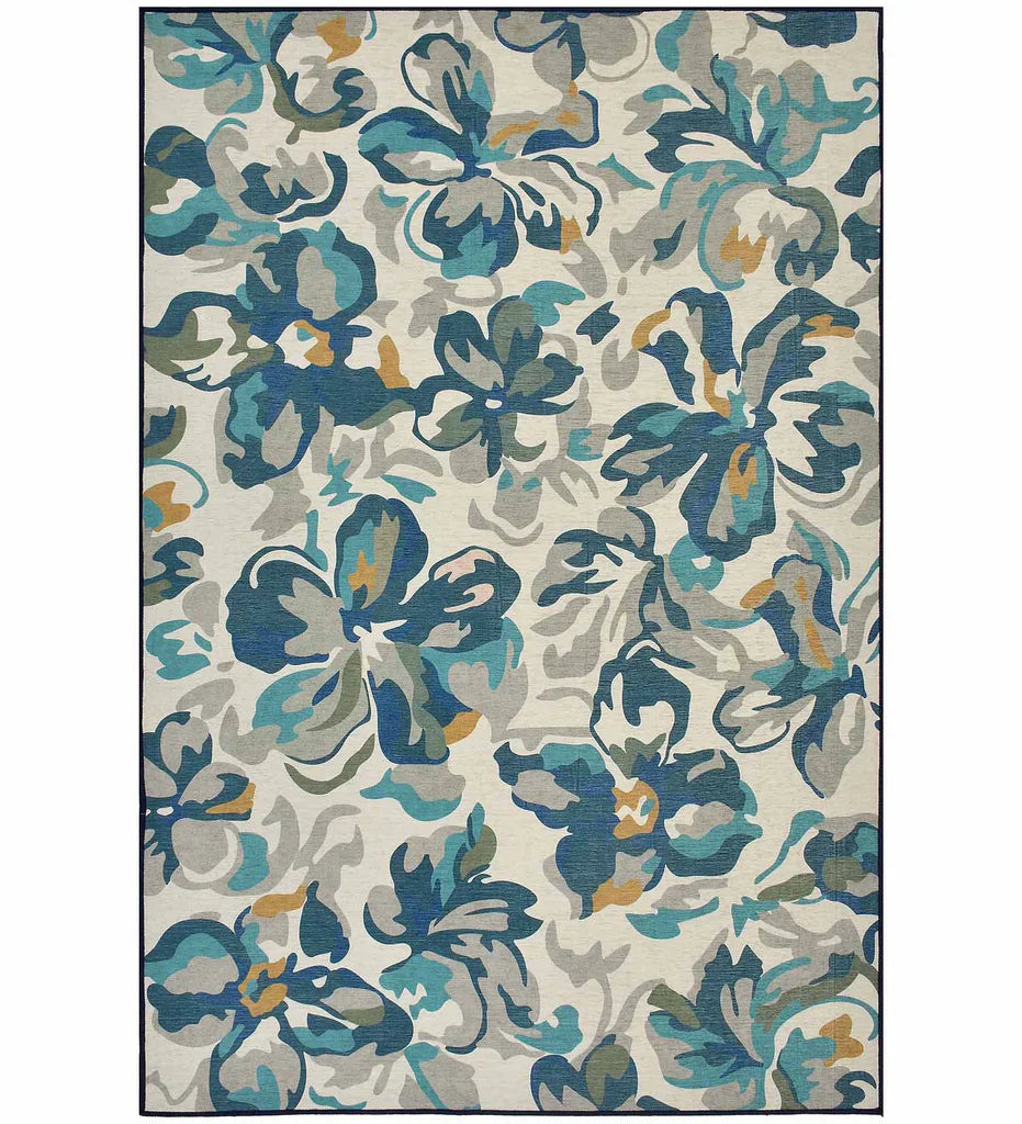 Teal floral watercolor style machine washable rug.