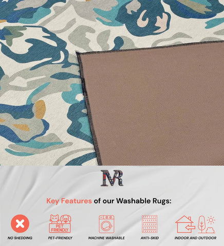 Machine washable rug with teal watercolor flower design.