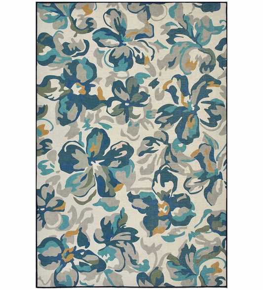 Teal floral watercolor style machine washable rug.