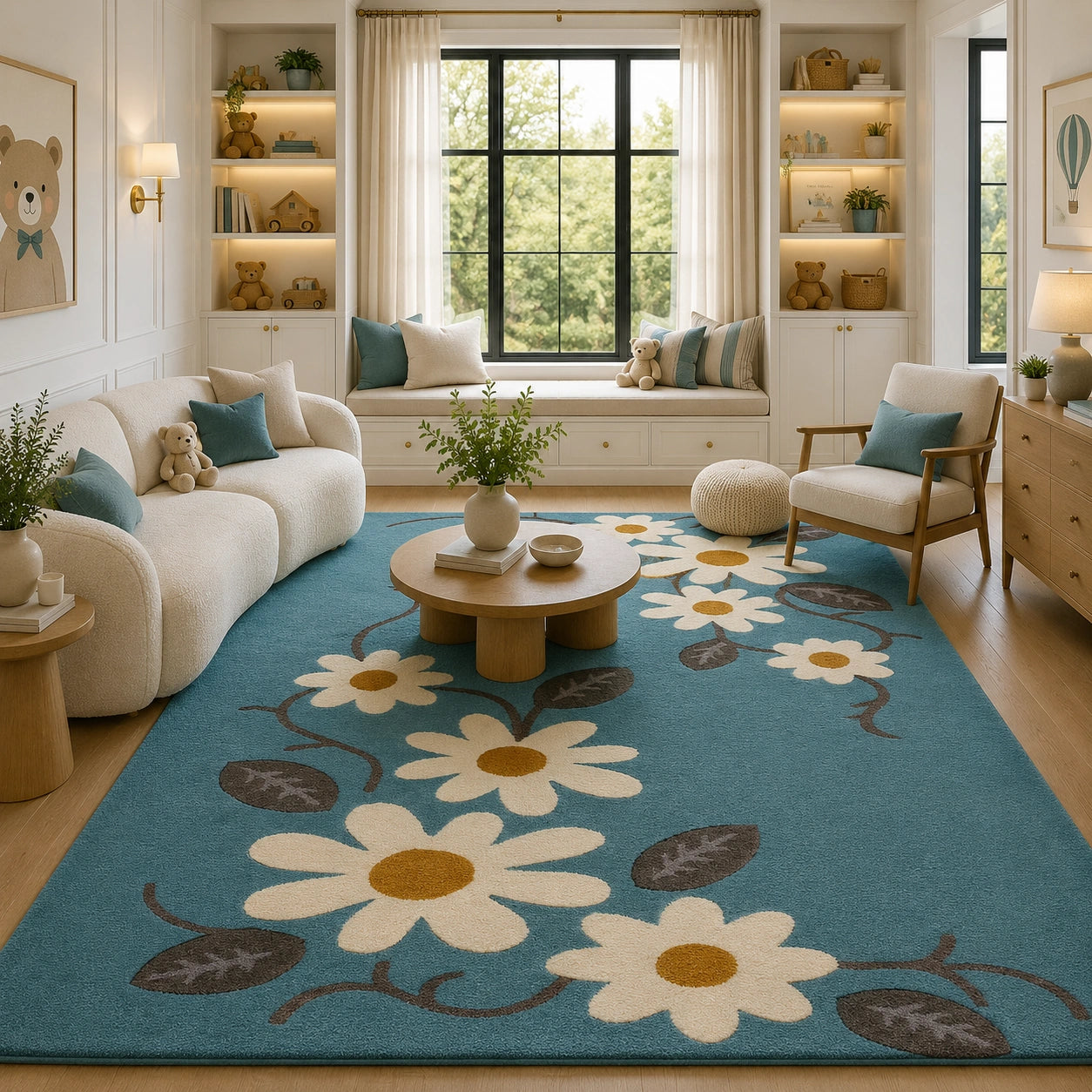 Teal blue floral daisy wool rug