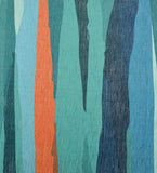 Handwoven luxury rug in teal, coral, and blue abstract vertical stripe design from Mannat Rugs