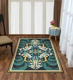 Luxury teal and gold abstract patterned rug on wooden floor in bright room with patterned stool and chair