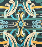 Abstract teal and gold handwoven luxury rug with intricate symmetrical geometric patterns