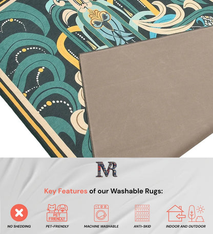 Machine washable rug with teal and gold modern abstract print.