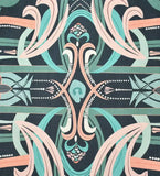 Abstract handwoven rug with teal, peach, and beige symmetrical floral and geometric patterns