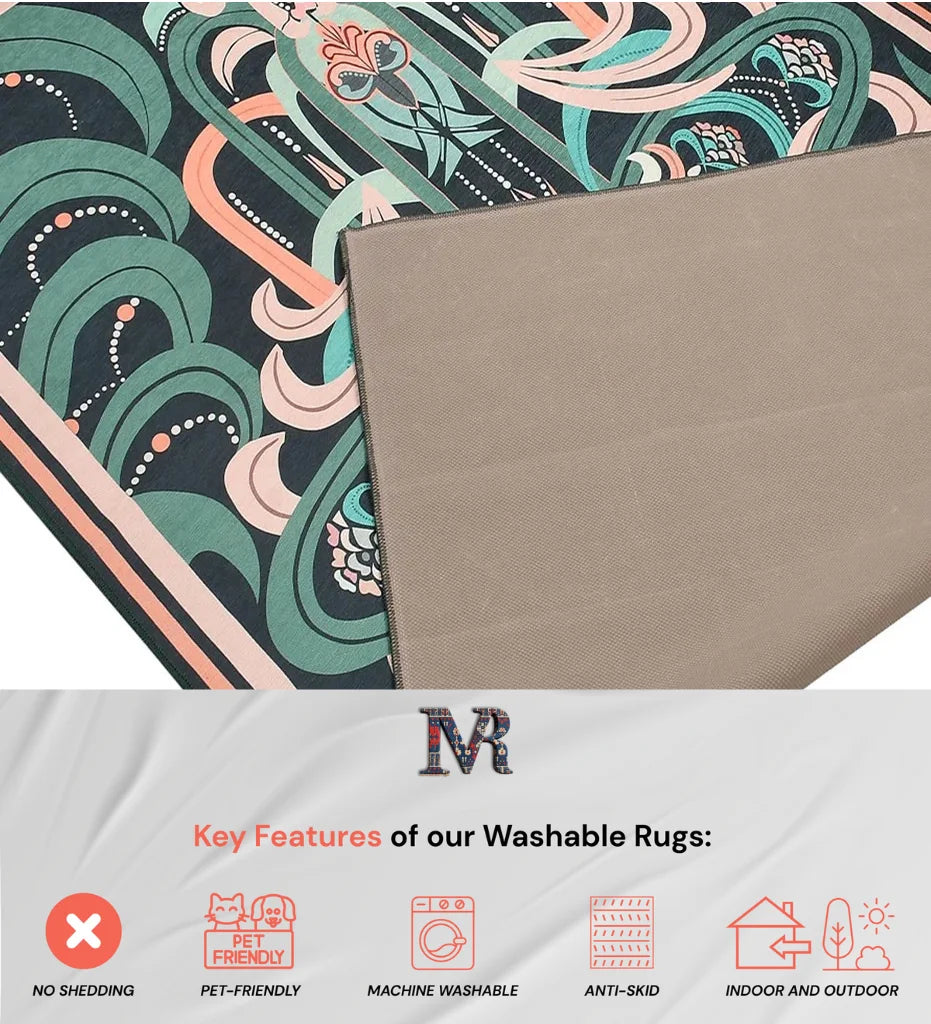 Machine washable teal and peach rug for modern homes.