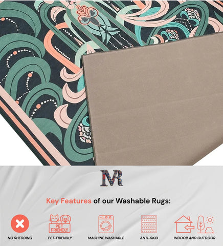 Machine washable teal and peach rug for modern homes.
