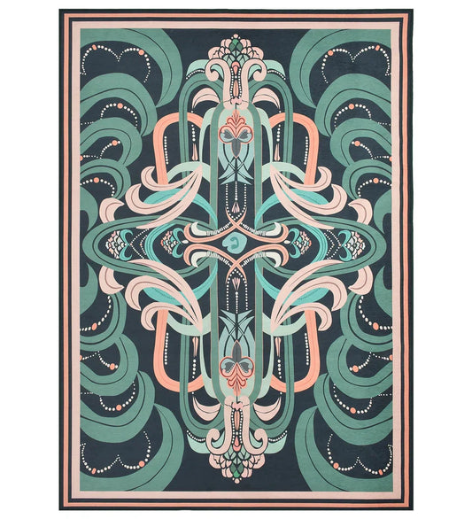 Teal and Peach Abstract Machine Washable Rug with modern artistic design.